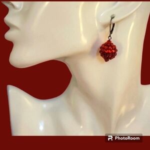 3/$30 Red Disco Ball Christmas Holiday Leverback Gunmetal Dangle Earrings